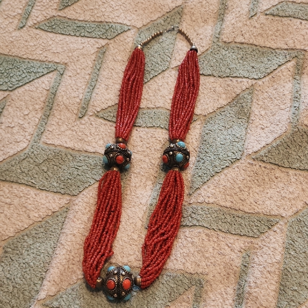Red and Blue Multi-Strand Beaded Necklace